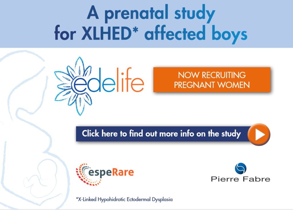 advert for prenatal study for xlhed on a white background with blue and orange headings